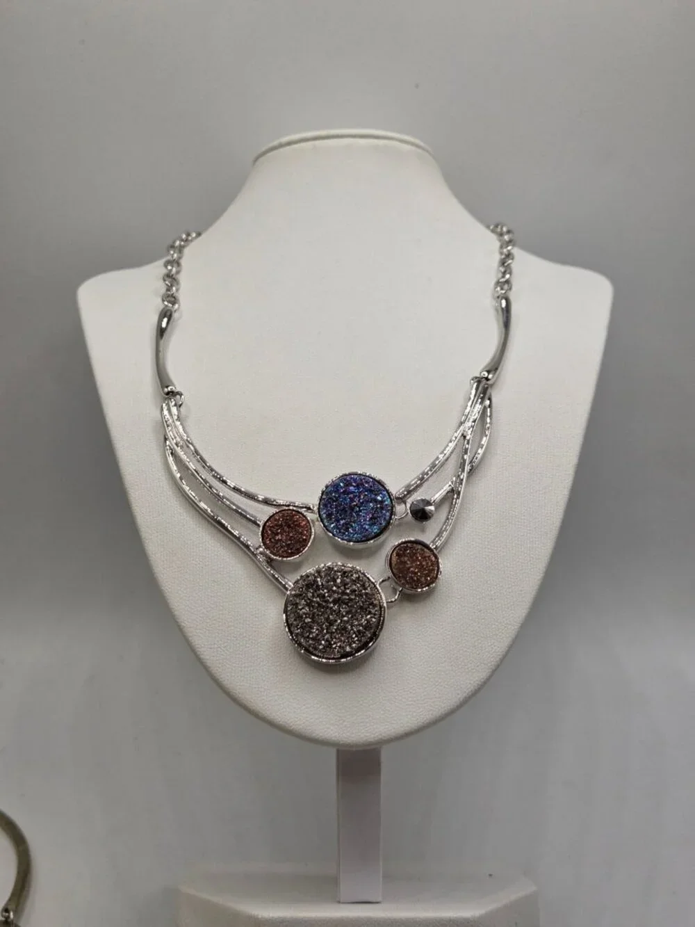 Multi-Stone Druzy Style Silver Tone Statement Necklace With Adjustable Chain